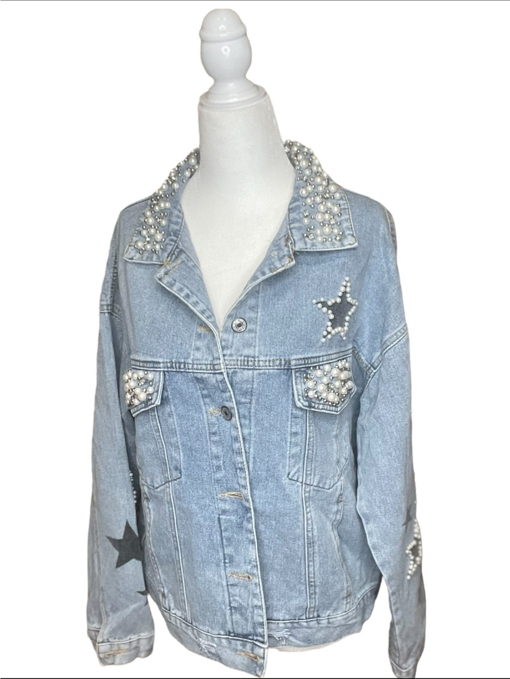 Light Blue Pearl-Embellished Denim Jacket